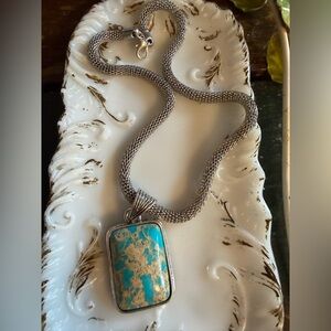 Turquoise and Silver Tone Pendant Necklace